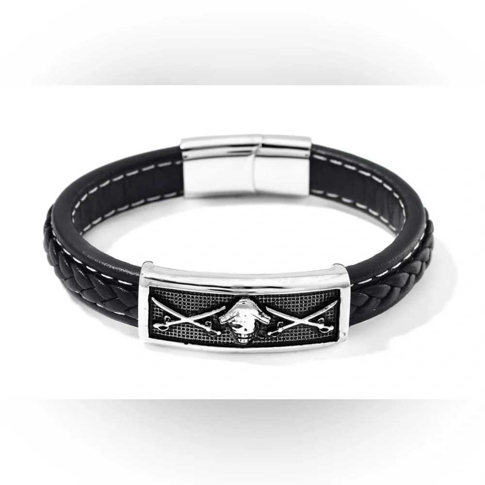 Stainless Steel and Braided Leather Pirate Sword Bracelet 8 inches Men Women